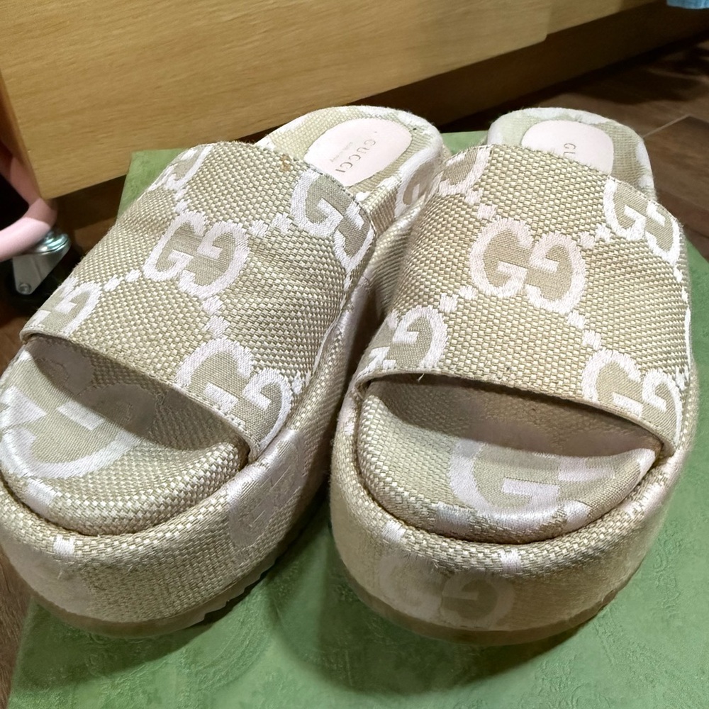 Gucci Beige GG Canvas Platform Mules